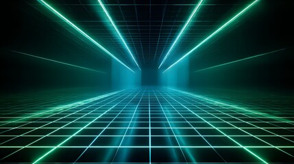 Fluorescent neon grid lines create an abstract tunnel leading into darkness