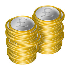 Two stacks of coins featuring silver center with pound sterling currency symbol, gold-colored rim, arranged in irregular manner, same heights. Money, savings and investment concepts.