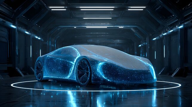 Futuristic concept vehicle appears as a glowing digital wireframe inside a high-tech corridor - Powered by Adobe