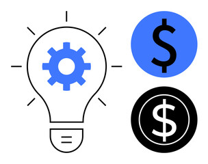 Light bulb with gear symbolizing innovation, paired with black and blue dollar signs for finance and profitability. Ideal for creativity, business strategy, innovation, financial planning, startup