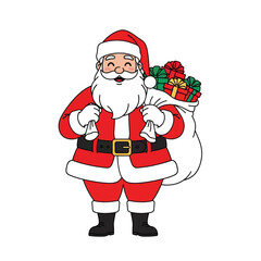Santa Claus illustration on a clean white background, elegant Christmas design, minimal style, detailed and cheerful Santa wearing a red suit and hat, holding a gift bag or waving hand, no shadow, no 