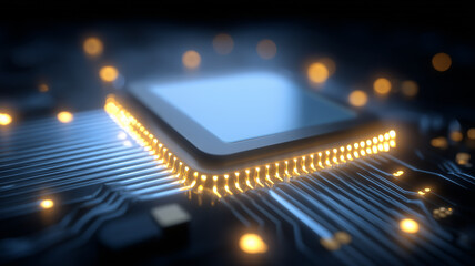 Close view of a modern processor package seated on a board, expressing computational power, reliability, and advanced engineering for contemporary devices.
