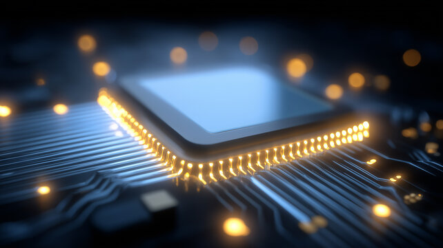 Close view of a modern processor package seated on a board, expressing computational power, reliability, and advanced engineering for contemporary devices.
