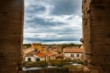 Arles France in Provence View of the Rhone from the Coliseum with Storm Clouds