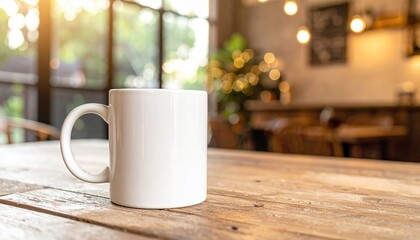 White coffee cup placed on a rustic wooden table with natural light illuminating the scene for a cozy atmosphere
