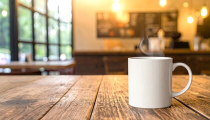 Fototapeta premium White coffee cup placed on a rustic wooden table with natural light illuminating the scene for a cozy atmosphere 