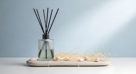Serene Reed Diffuser with Dried Botanicals on Oval Tray, Soft Blue Wall, Natural Light, Minimalist Home Decor.