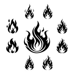 Black Silhouette Fire Flame Icon Collection in Vector Style