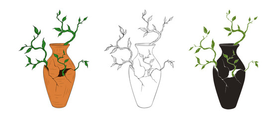 Ancient clay vase with growing sprout three variations