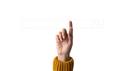 Hand pointing on virtual search bar isolated on white background concept of internet browsing and online search technology
