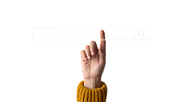 Hand pointing on virtual search bar isolated on white background concept of internet browsing and online search technology
