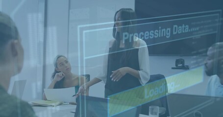 Data processing overlay appearing in business meeting as presenter gesturing animating discussion - Powered by Adobe