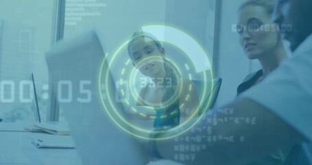 Timer overlay appearing in IT meeting showing graphic as colleagues analyzing code noting results - Powered by Adobe