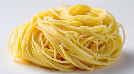 Dry strands of uncooked yellow pasta are neatly formed into a compact nest shape