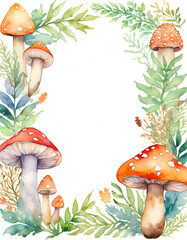 Bright, colorful mushrooms surrounded by green leaves fill the blank space, offering a playful and enchanting setting perfect for Halloween decor and designs Generative AI