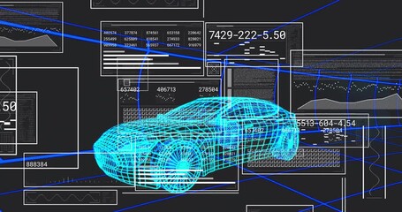 Data panels fading in around cyan 3D wireframe car illustrating virtual scan for data analysis - Powered by Adobe