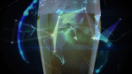 Green-blue polygons appearing around foamy beer glass forming wireframe globe showing network links - Powered by Adobe