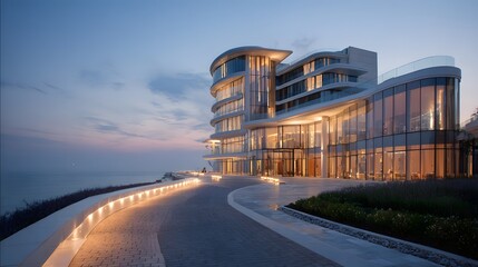 Obraz premium Contemporary luxury resort building illuminated against the twilight sky overlooking the ocean