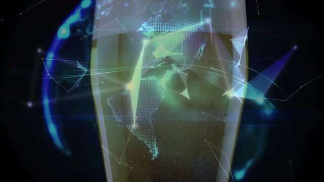 Green-blue polygons appearing around foamy beer glass forming wireframe globe showing network links