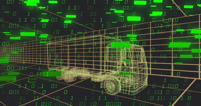 Green binary digits appearing, drifting and saturating wireframe truck model, showing data overlay