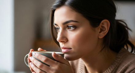 A serene and pensive moment of a beautiful young woman holding a warm mug, finding comfort and reflecting by the window
