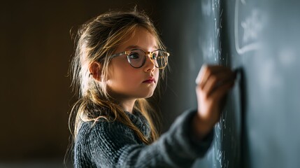 Young female student wearing glasses concentrates while writing equations on a dark slate surface.