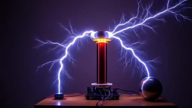 Tesla Coil Generating Powerful Electrical Arcs and Lightning.