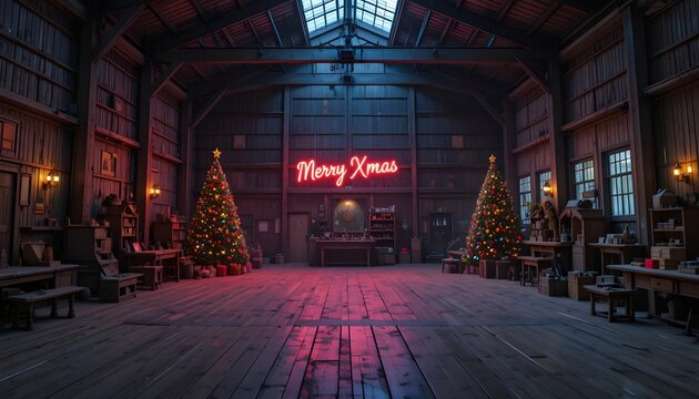 vintage santa claus workshop interior with two christmas trees and merry xmas neon sign