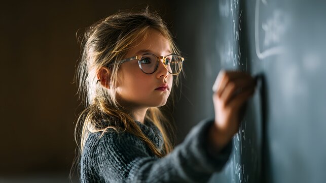 Young female student wearing glasses concentrates while writing equations on a dark slate surface.