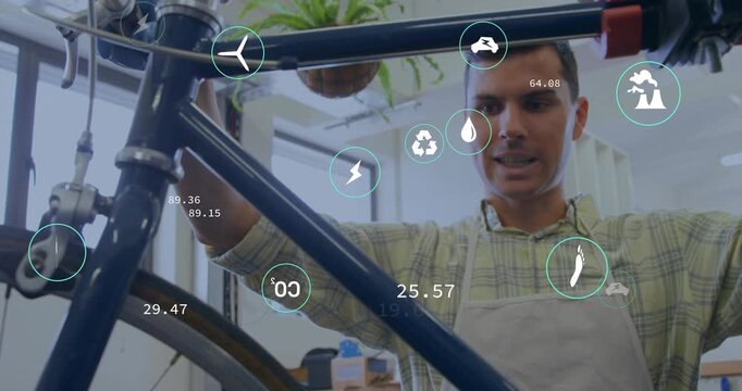 Bike mechanic lifting and aligning frame in workshop causing floating eco metrics for calibration