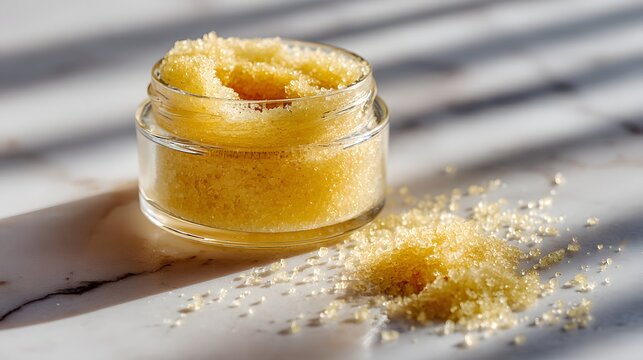 Clear glass container holds golden body scrub product on marble surface with strong shadows