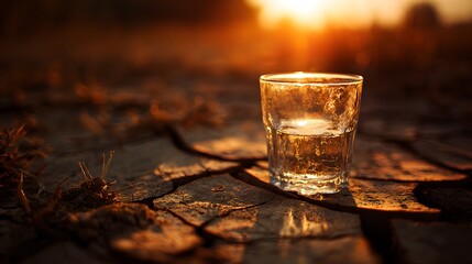 Clear drinking glass sits half full on sunbaked cracked earth during golden hour