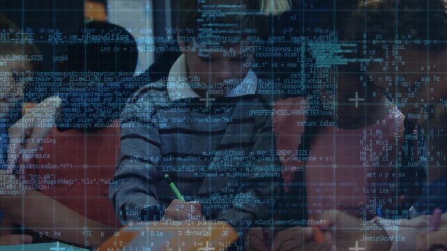 Teacher guiding class writing and drawing using markers with code overlay upon gesture in education