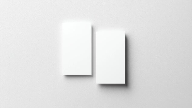 Closeup mockup of two blank vertical business cards at light natural wooden background