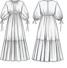 Elegant long dress fashion sketch, technical illustration, puff sleeve gown design, empire waist, tiered skirt, front and back view drawing