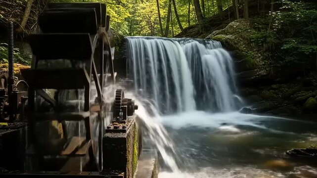 Water Wheel Waterfall Scene in Forest with Flowing Water and Nature.