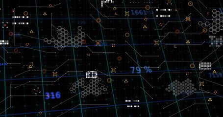Dark teal grid initiating floating numeric values and pulsing shapes visualizing data panel - Powered by Adobe