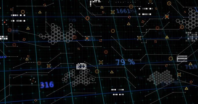 Dark teal grid initiating floating numeric values and pulsing shapes visualizing data panel
