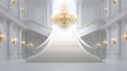 Grand interior hall features sweeping symmetrical white staircase illuminated by opulent golden chandelier