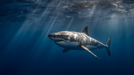 Fototapeta premium Large predatory marine animal swims beneath sunlit ocean surface