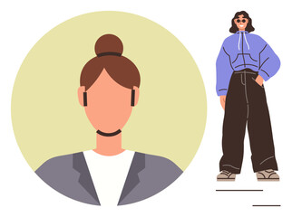 Portrait of a businesswoman in a blazer with a tied-up bun and a casual person in trendy wide-leg pants and hoodie. Ideal for fashion, diversity, modern trends, character design, lifestyle