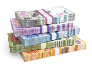 Stacks of Argentine peso banknotes