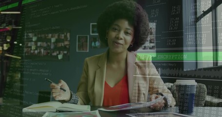 woman shuffling reports initiating encryption overlay while examining documents and securing data - Powered by Adobe