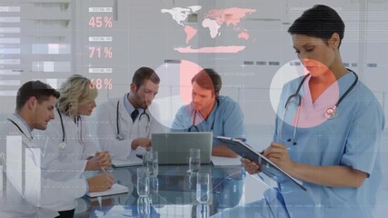 Medical team inputting laptop data and generating transparent charts with world map for analysis - Powered by Adobe