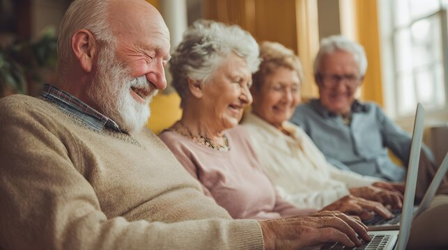 Group of smiling elderly friends using portable computers together indoors