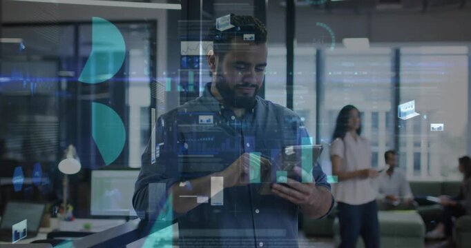 Male professional tapping tablet in workspace and animating dashboard charts for reviewing metrics