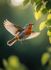 Fototapeta premium Orange-breasted Bird in Flight Among Green Leaves in Natural Environment