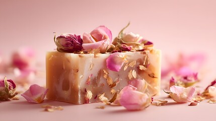 Square bar of handcrafted soap decorated with dried rosebuds and petals rests on a soft pink surface