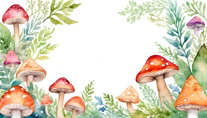 Colorful mushrooms with orange and red caps are surrounded by green leaves in a whimsical Halloween-themed watercolor design. The soft backdrop invites imagination and creativity Generative AI