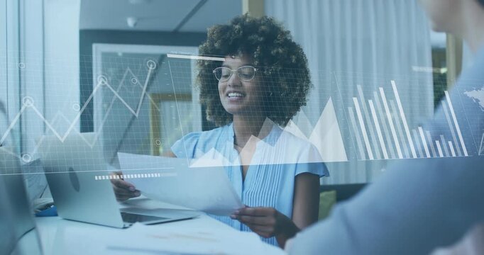 Female professional grabbing printed report, explaining data using charts showing business metrics - Powered by Adobe